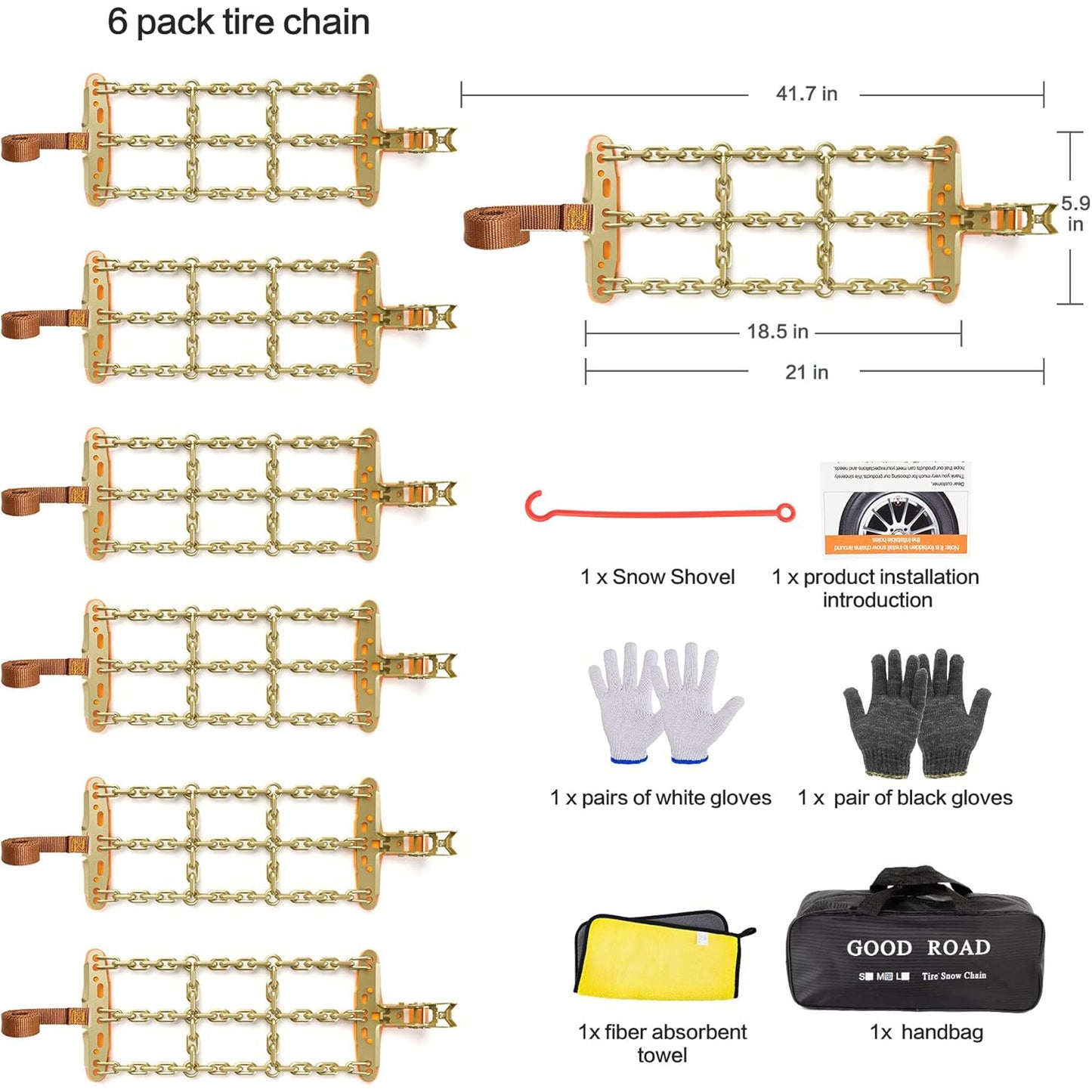 ASTARPRO  Emergency Snow Chains, Tire Chains with Thickened Manganese Steel for Car Truck SUV in Ice, Sand and Mud(6 Packs, Tire Width 195-235mm)